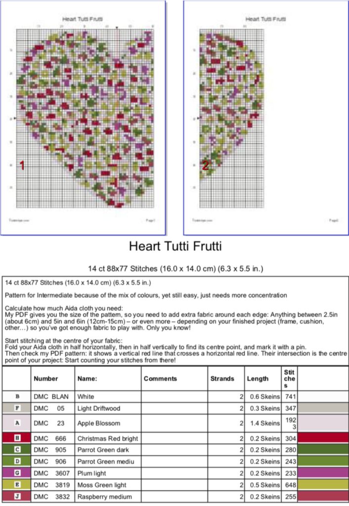 Counted cross-stitch palette, instructions and chart picture